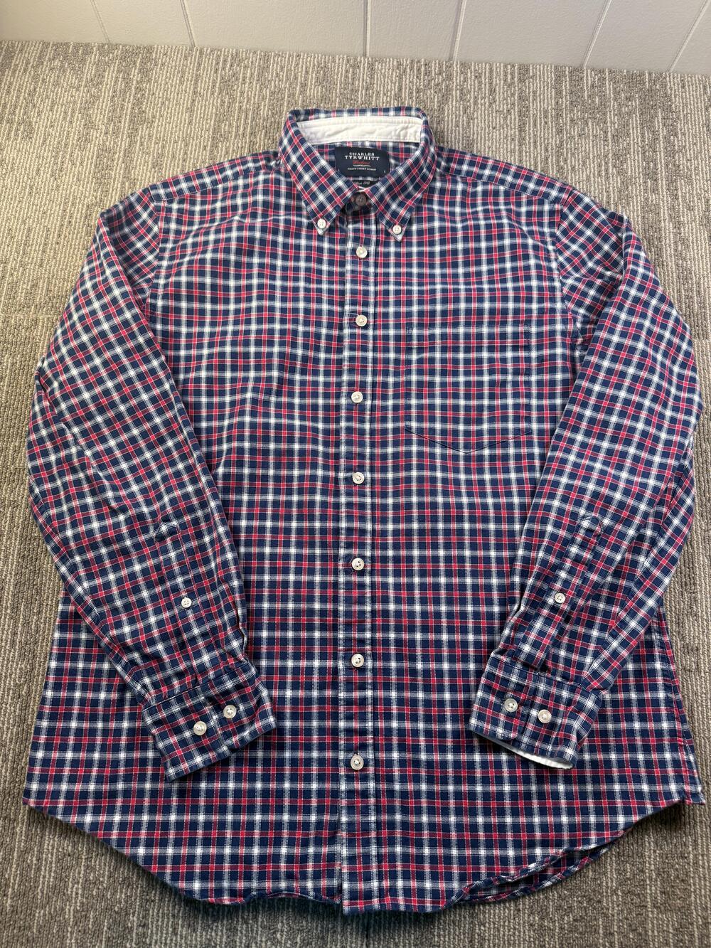 Charles Tyrwhitt Shirt Mens Large Blue Red Plaid Slim Long Sleeve Button-Down